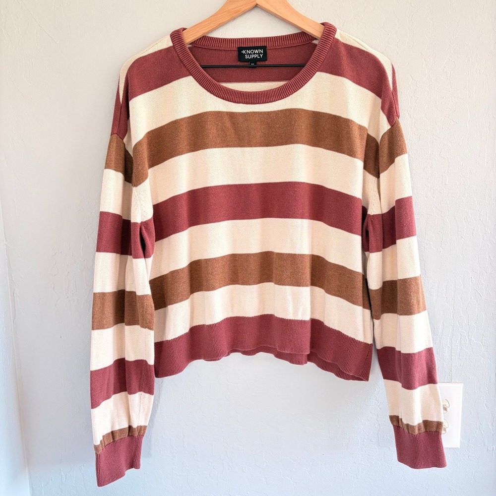 Known Supply Sweater Womens XL Pink Brown Striped Organic Cotton Crewneck